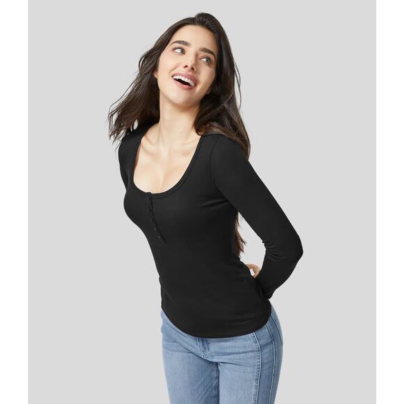 Halara Ribbed Henley Long Sleeve Slim Black Top Size Small NWT - Picture 3 of 9